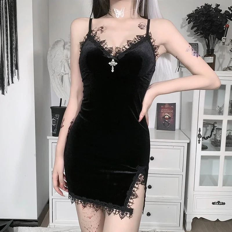InsGoth Gothic Dark Cross Black Mini Dress Vintage Sexy Spaghetti Strap High Waist Slit Dresses Goth Party Club Women Dress