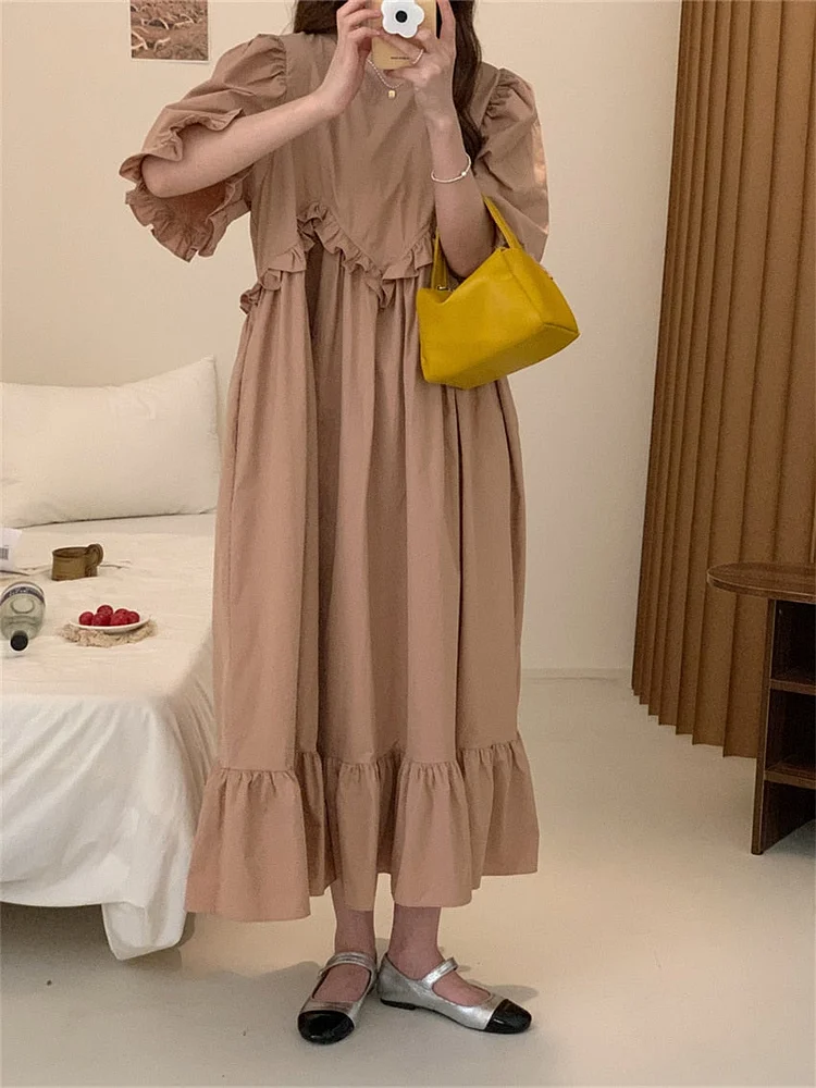 Unique Solid Color Round Neck Patchwork Fungus Edge Puff Sleeve Ruffled Hem Dress  