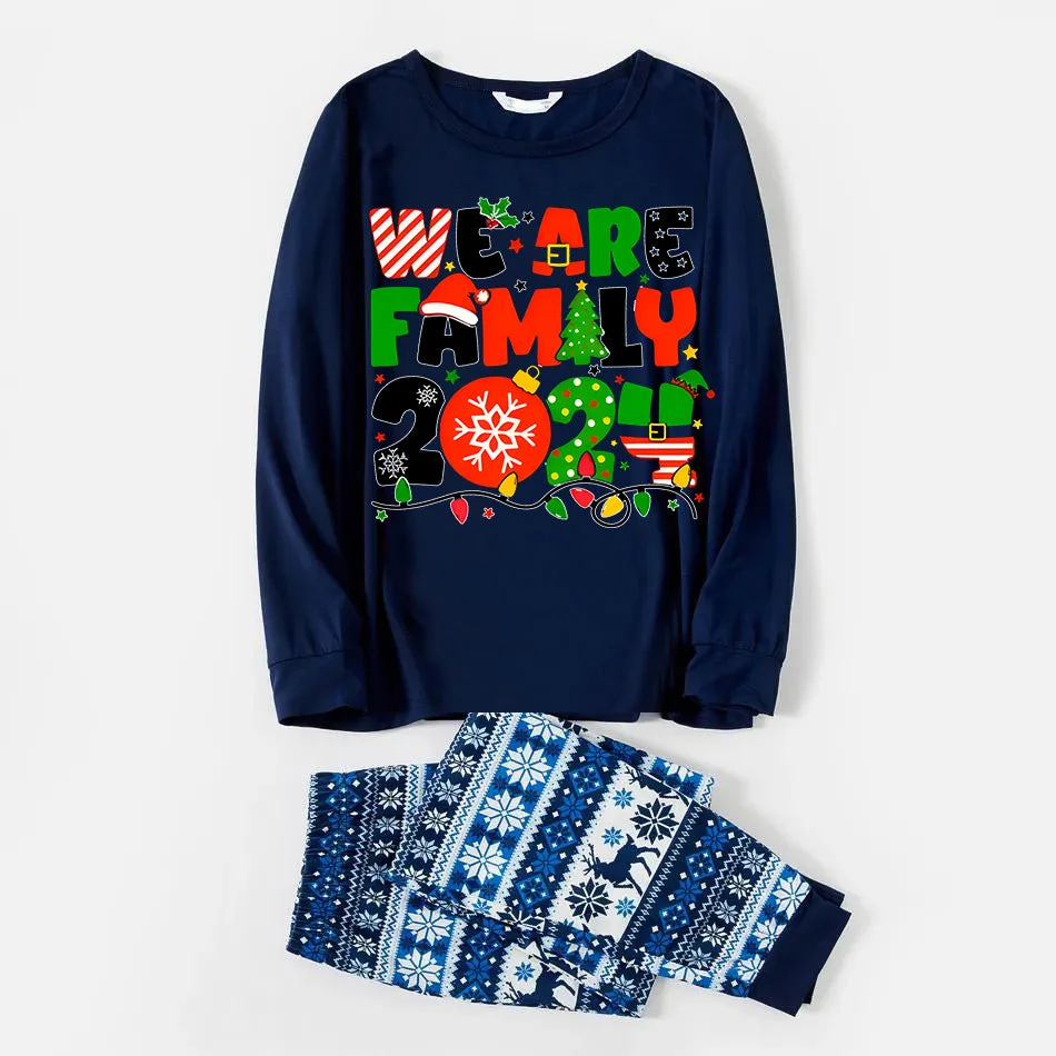 Christmas“We are Family 2024 ” Colorful Multi-Element Letter Prints Blue Long Sleeve Family Matching Pajamas With Dog bandana