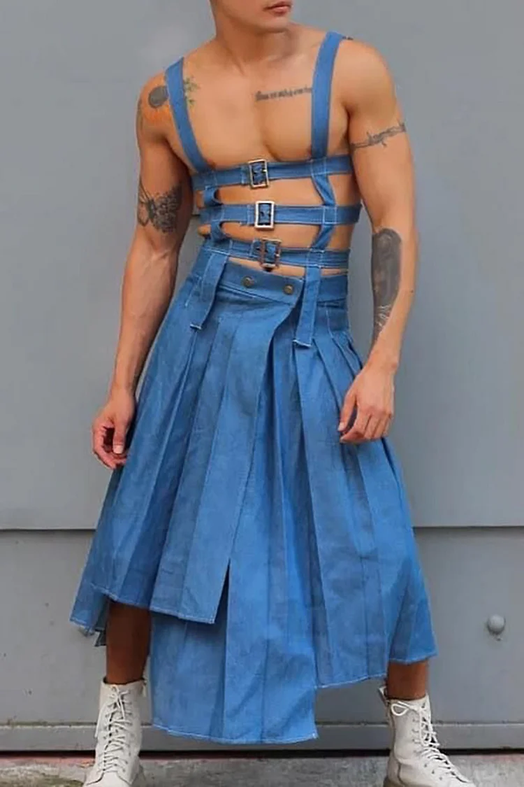 Ciciful  Metal Buckle Irregular Hem Blue Overall Skirt