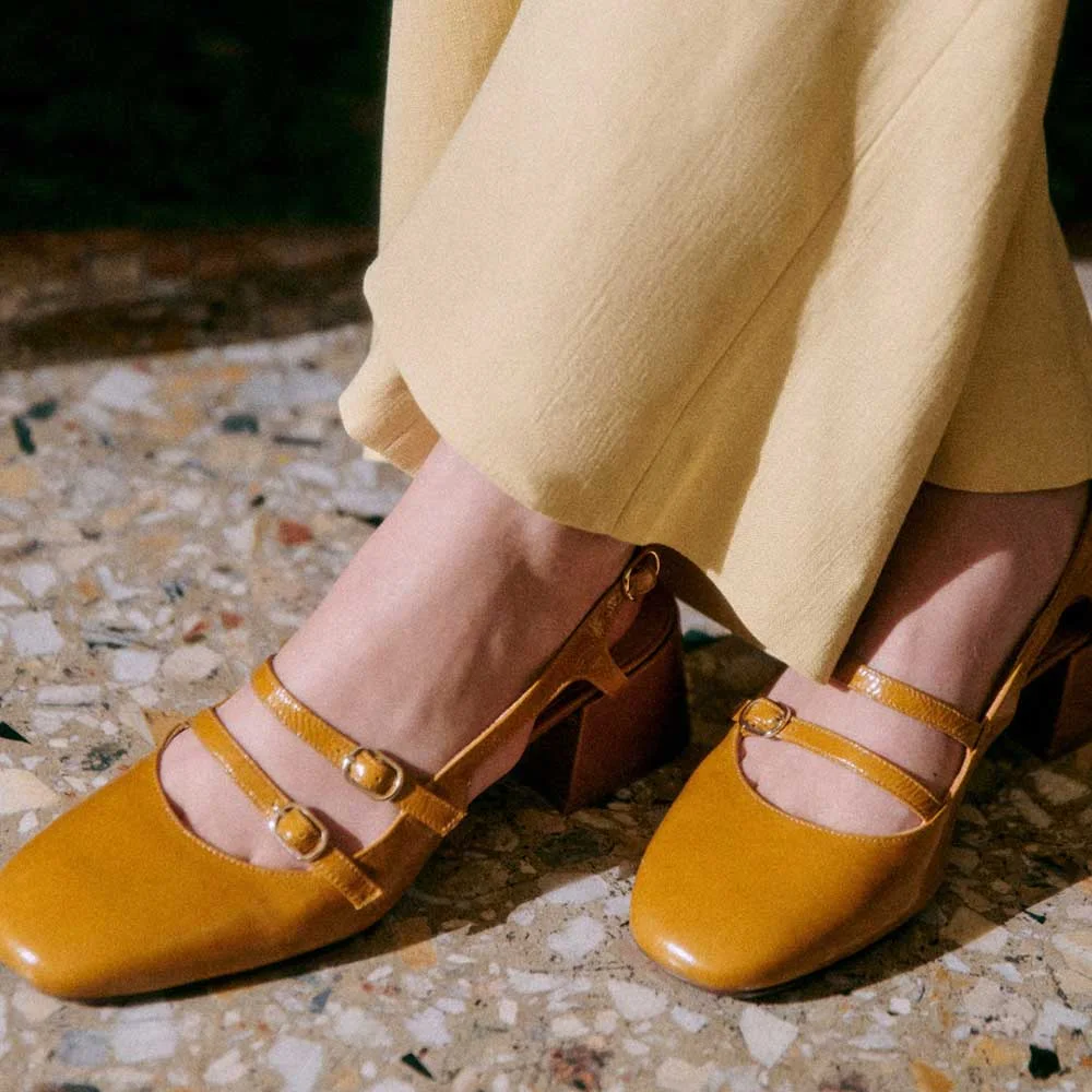 Mustard Slingback Pumps Square Toe Block Heel Vintage Mary Jane Shoes Nicepairs