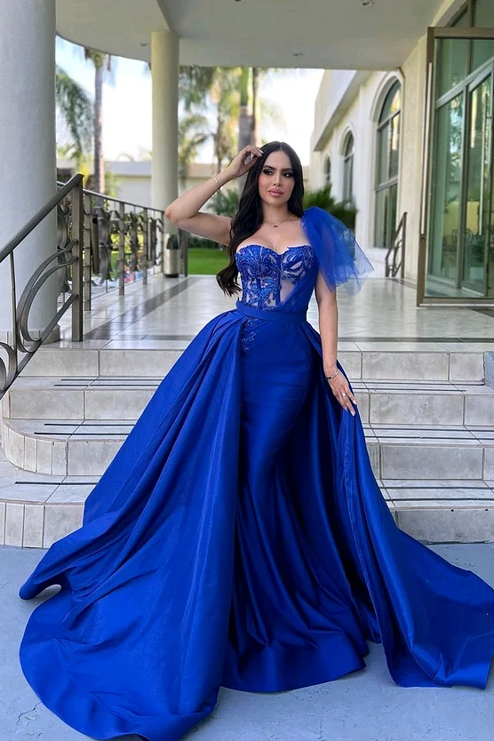 Daisda Glamorous Royal Blue Sleeveless Strapless A-Line Long Prom Dress with Beadings