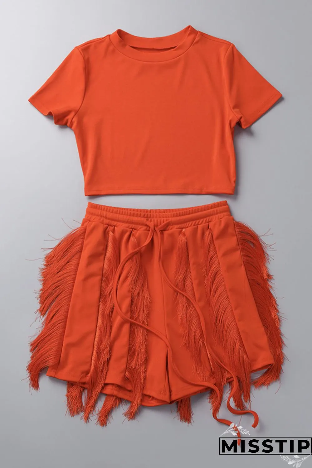 Blue Casual Solid Tassel Patchwork O Neck Short Sleeve Two Pieces