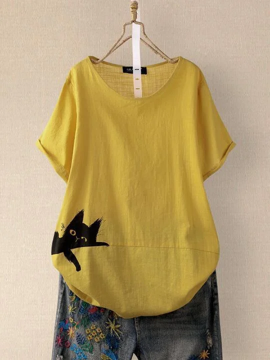 Women's short-sleeved O-neck T-shirt with cat print
