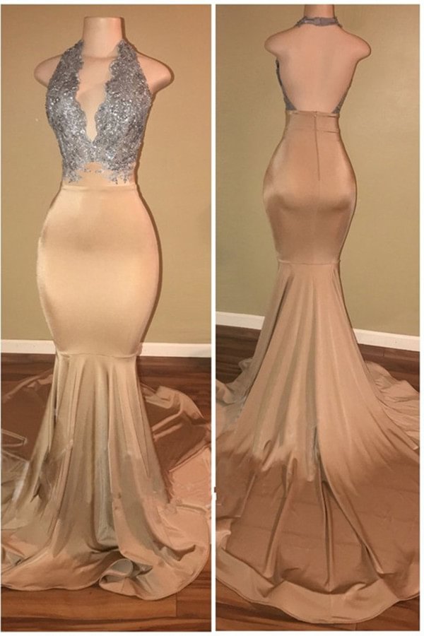 Bellasprom Backless Mermaid Prom Dress Long With Sequins Appliques Halter
