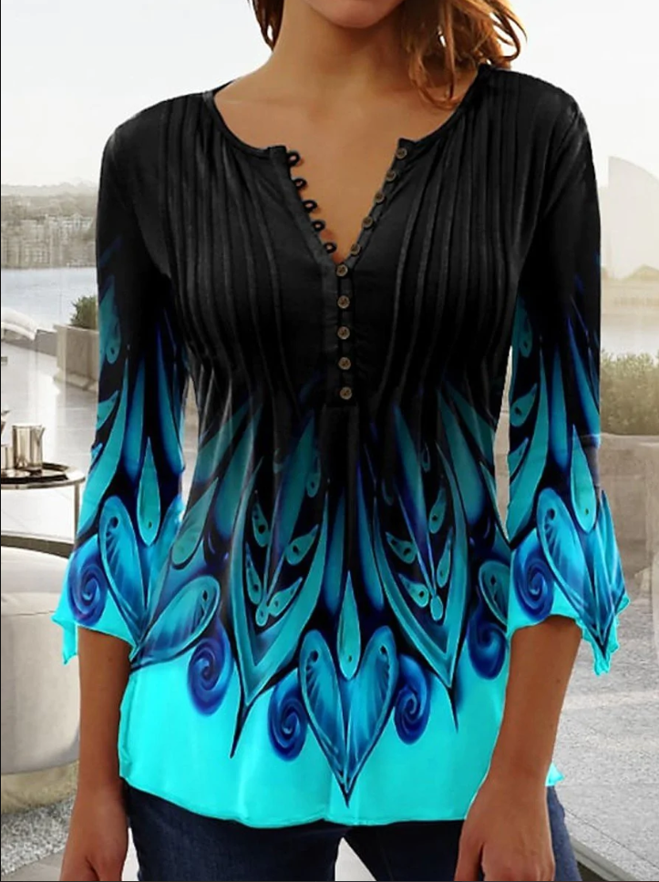 Women's Ethnic Button Print Long Sleeve Casual Shirt Blouse