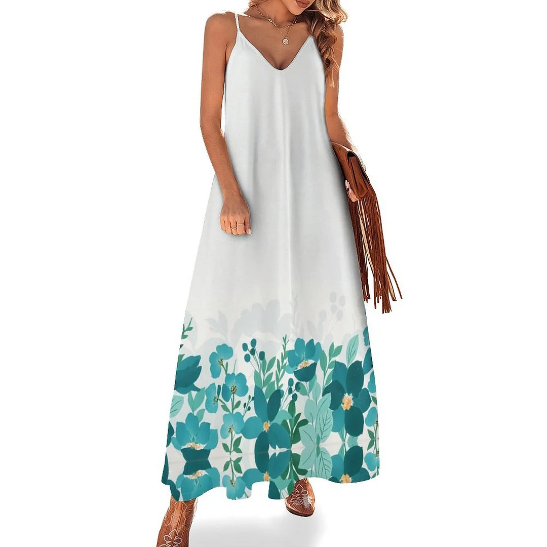 Style & Comfort for Mature Women Plus Size Printed Sling Casual Women Maxi Dress in Pattern Turquoise, Floral, Green