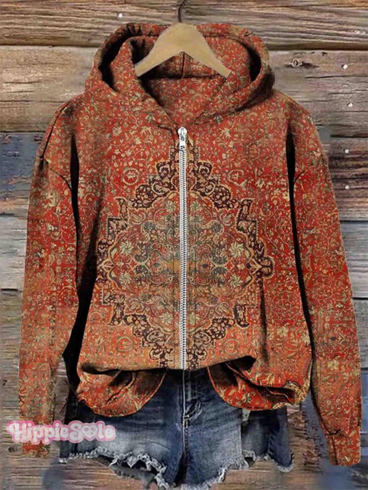 Women’s Vintage Folk Floral Art Print Casual Zip Hoodie Sweatshirt Multicolor / S
