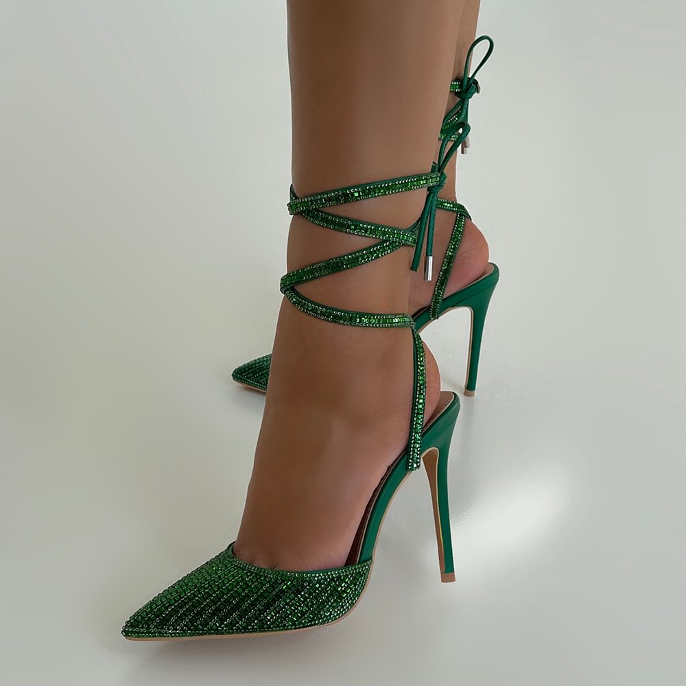 Green Glitter Pumps Pointed Toe Ankle Strap Slingback Pumps Nicepairs