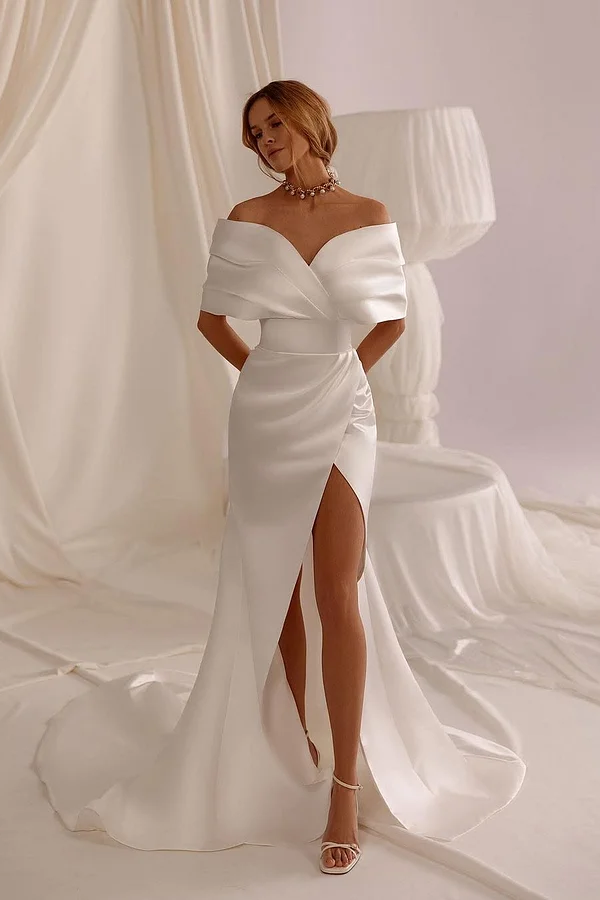 Daisda White Sleeveless Off-Shoulders V-Neck Mermaid Prom Dress