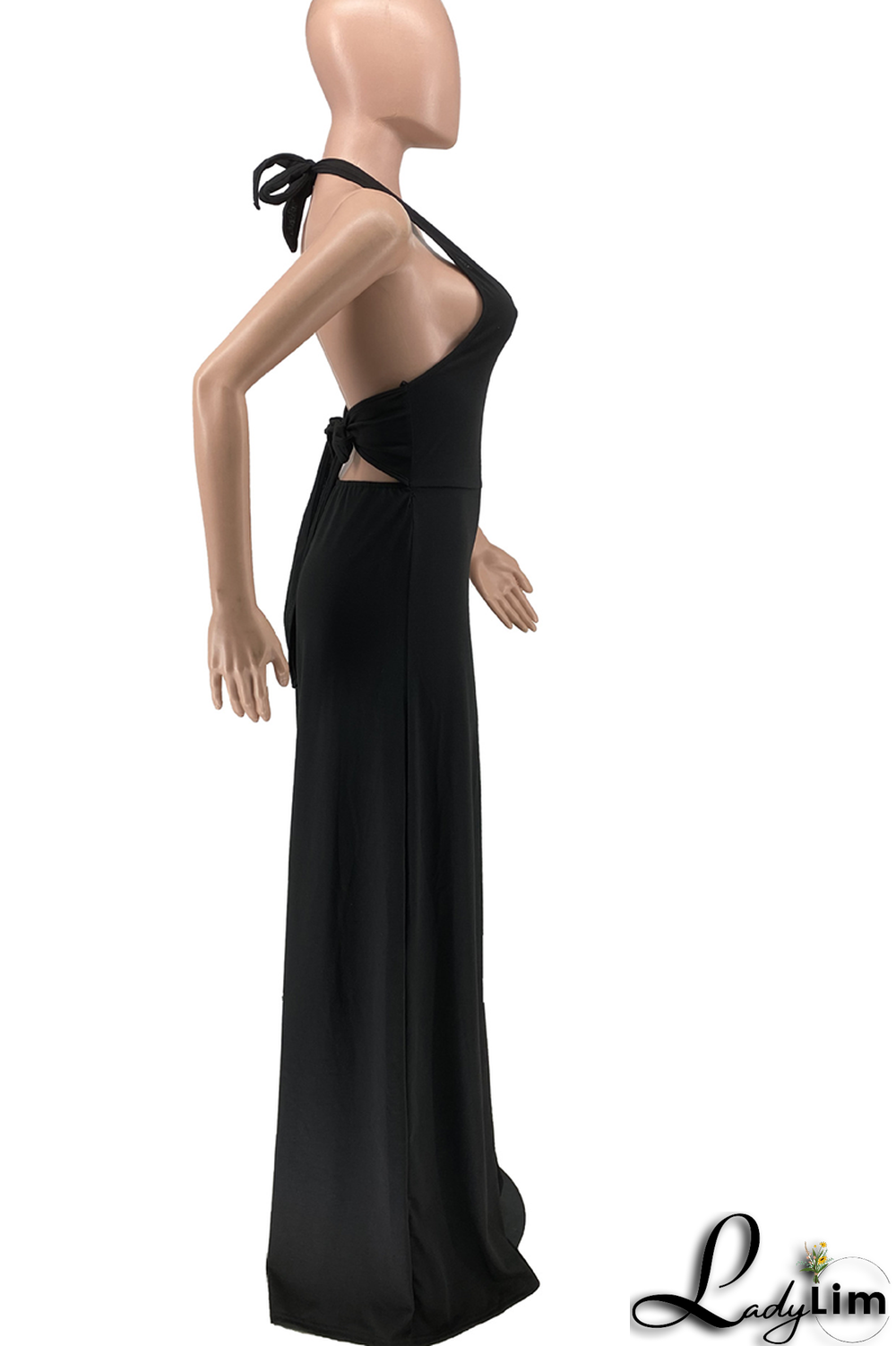 Black Casual Solid Patchwork Halter Loose Jumpsuits