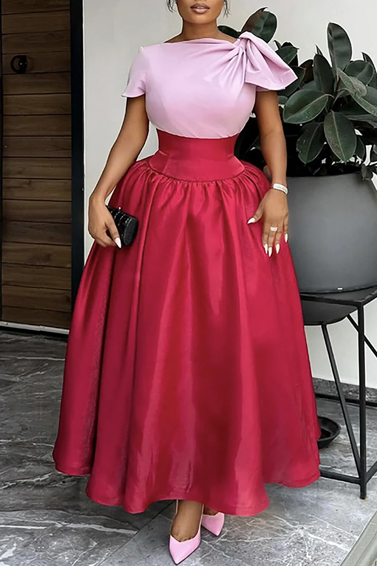 Ruched Short Sleeve Cinch Waist Colorblock Maxi Dresses-Red