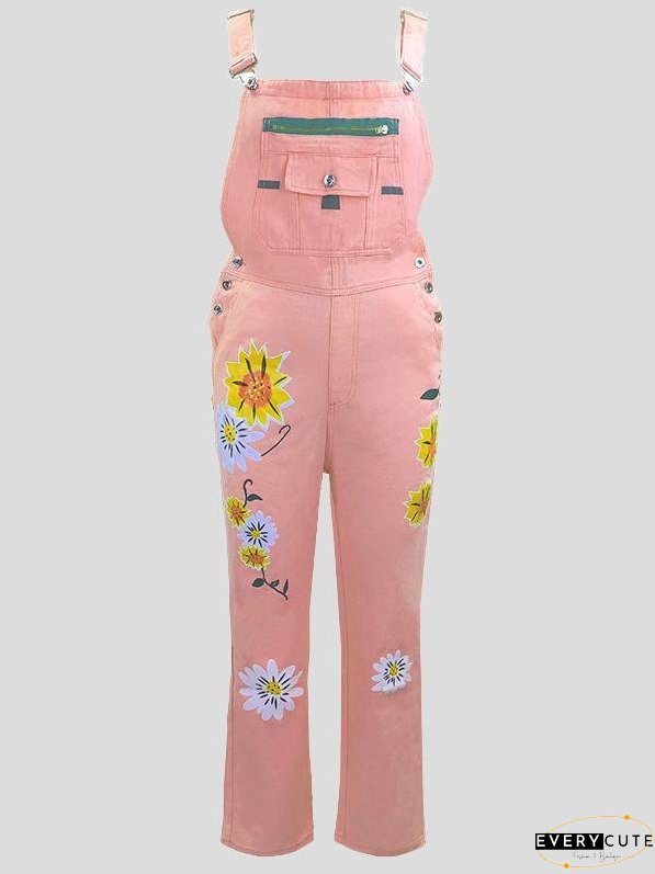Jumpsuits Printed Pattern Pockets Denim Jumpsuit for Women