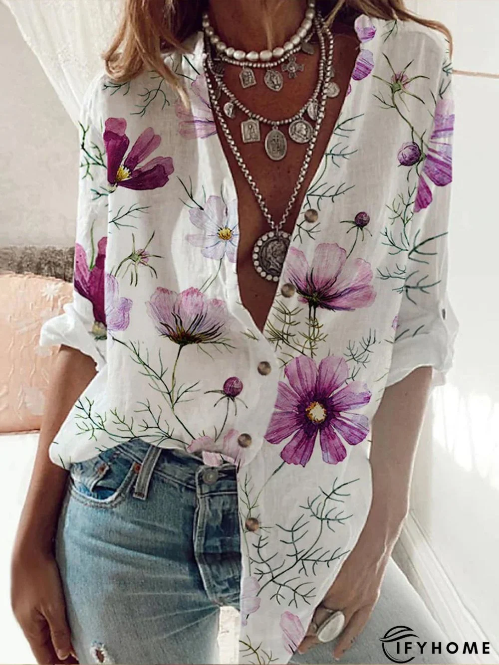 Casual Floral Loose Stand Collar Long Sleeve Blouse | IFYHOME