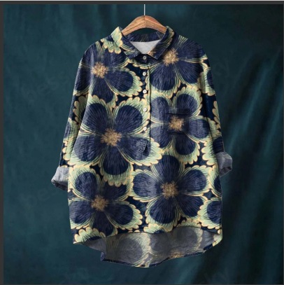 Mature Women Plus Size Bamboo Linen Printed Fashion Polo Collar Shirt Top