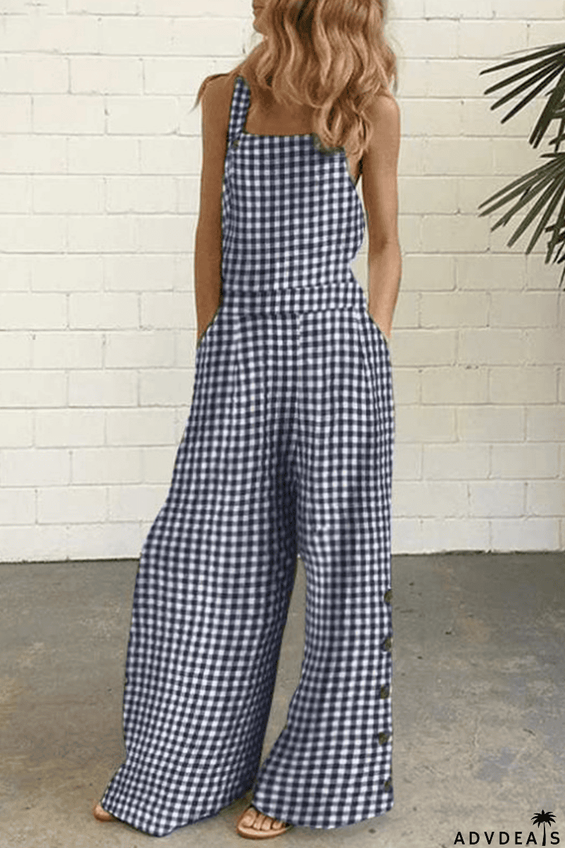 Casual Plaid Buttons Square Collar Straight Jumpsuits(4 Colors)