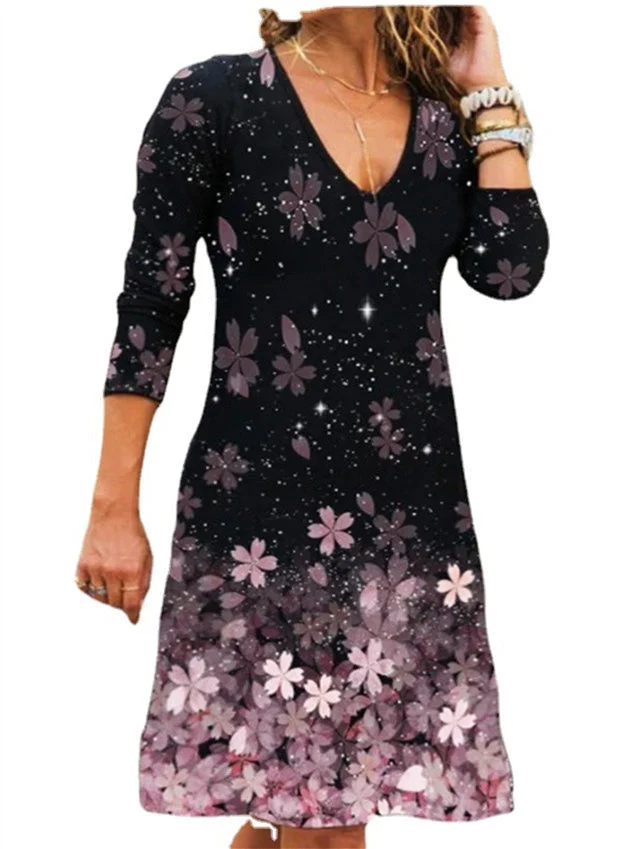 Women's Floral 3/4 Sleeve V-neck Floral Printed Midi Dress