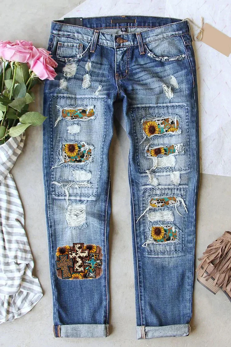 Western Calf With Leopard Sunflower Cross Printed Ripped Jeans