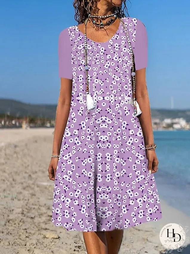 Casual Dress Floral Dress Summer Dress Graphic Floral Pocket Print Crew Neck Midi Dress Fashion Modern Daily Holiday Short Sleeve Loose Fit Aqua Blue White Light Green Summer Spring S M L XL for Women