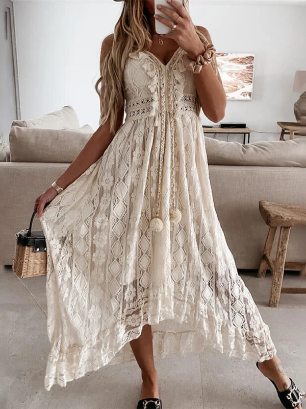 Vacation V Neck White Lace Irregular Dress