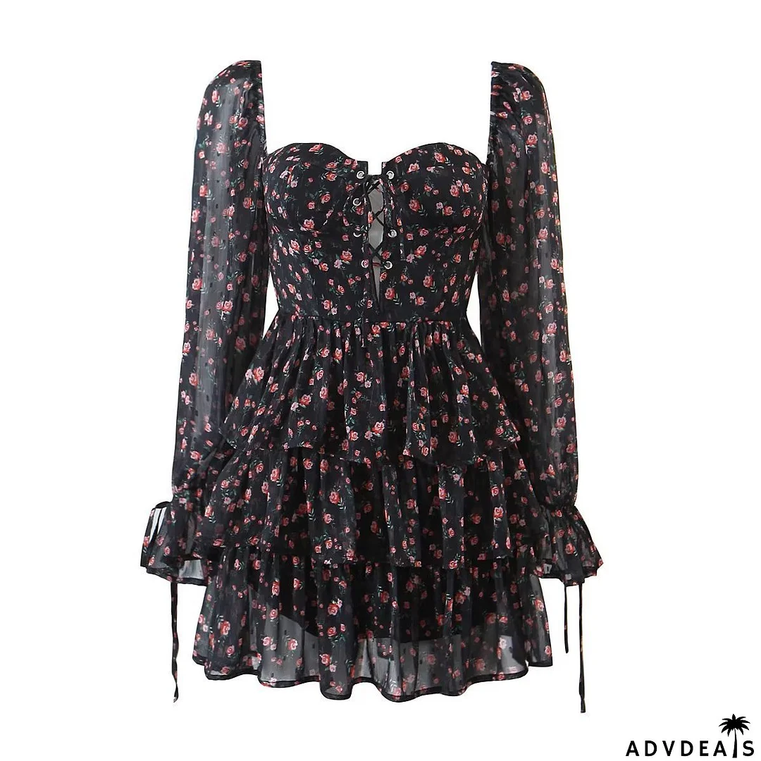 Women Vintage Floral Print Chiffon Long Sleeve Layered Ruffle Short Dress