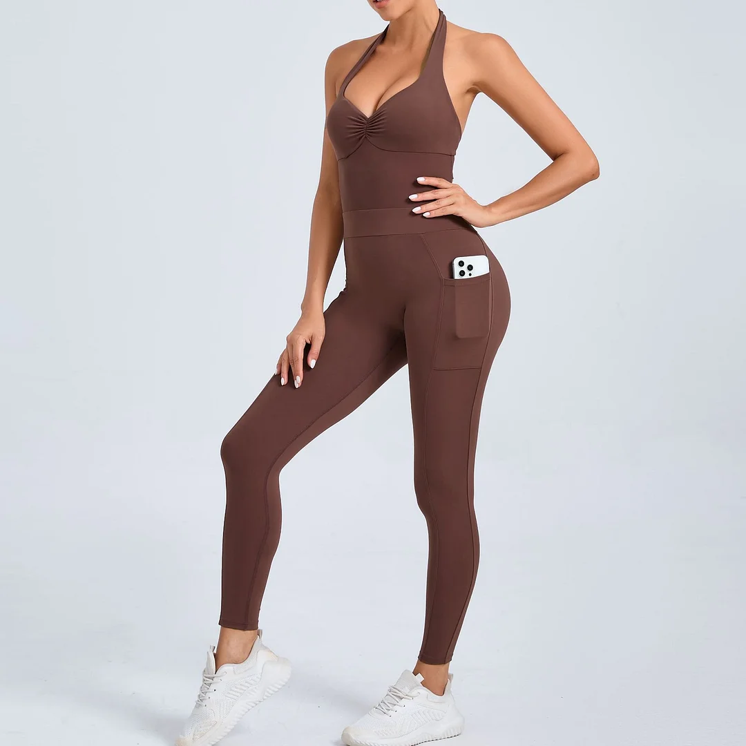 Toloer Toloer Sand Hanging Neck Type Two Side Pocket Yoga Jumpsuit Female Dance Bare Back Fitness Tight Sports Jumpsuit-Outfit Ideas