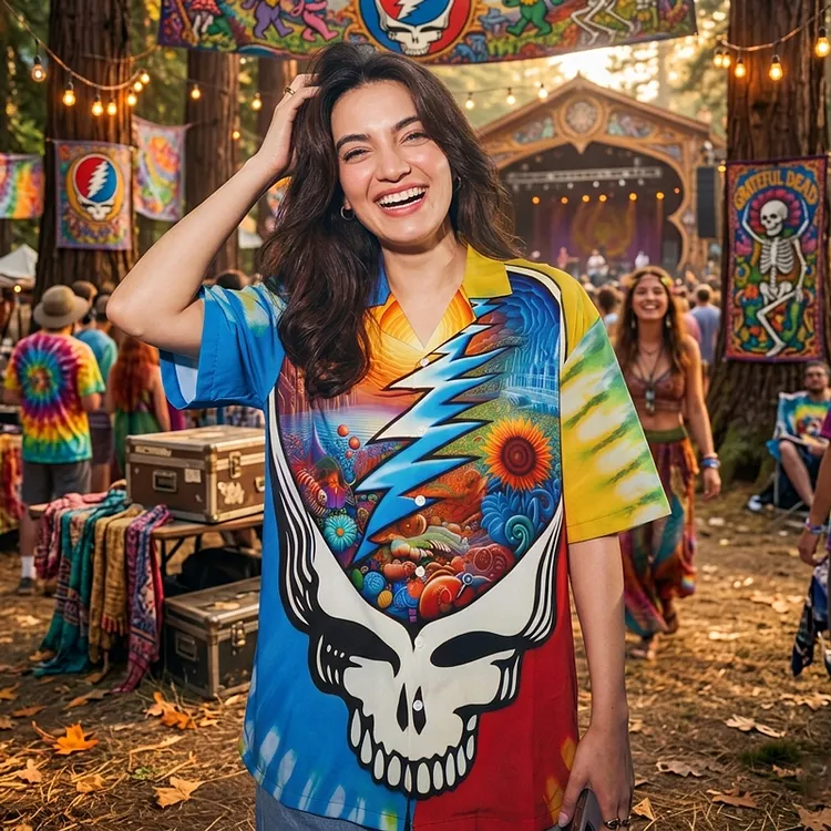 Vintage Grateful Dead Skull & Bear &Terrapin Graphic Cuban Collar Short Sleeve Shirt &ndash; Unisex Retro Cotton Top