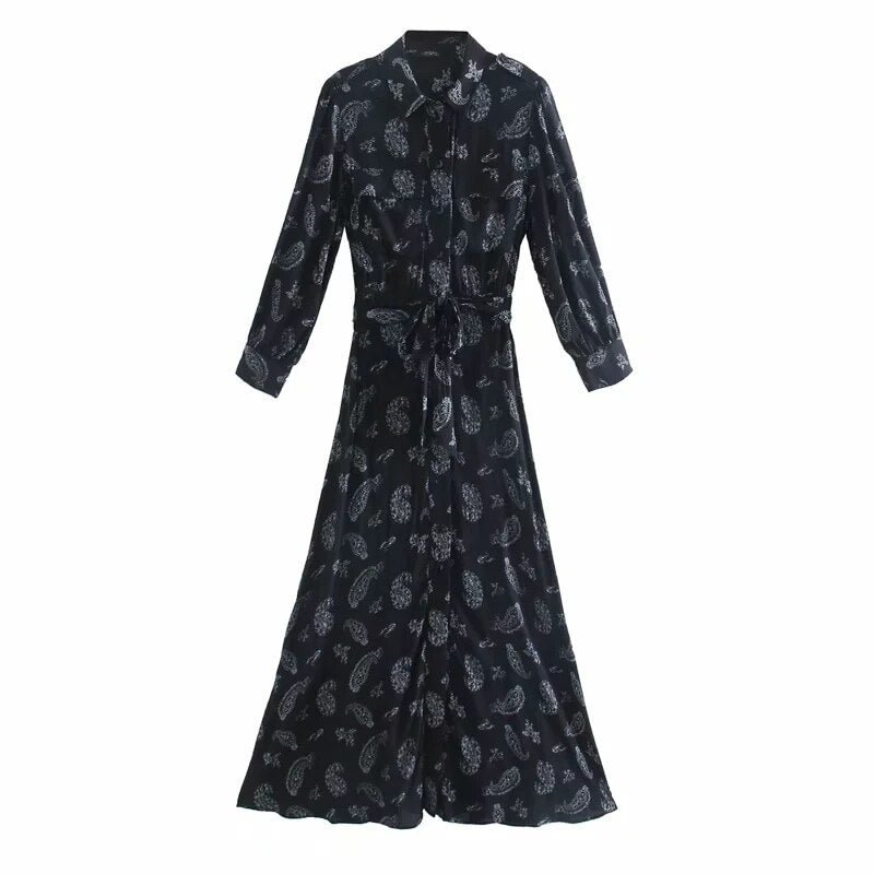 Women Vintage Paisley Printing Sashes Puff Sleeve Shirt Dress Casual Lady Loose Clothes Vestido D6505
