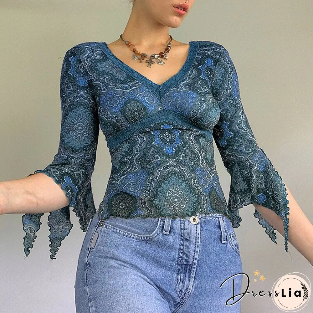 Autumn Lace Floral Mesh Tops Women Vintage Half Flare Sleeve Neck T-Shirts Female Elegant
