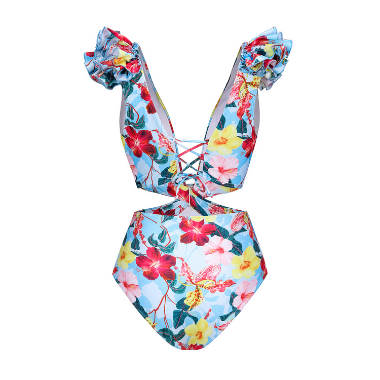 Flaxmaker Deep V Floral Print Cutout One Piece Swimsuit and Skirt/Shorts