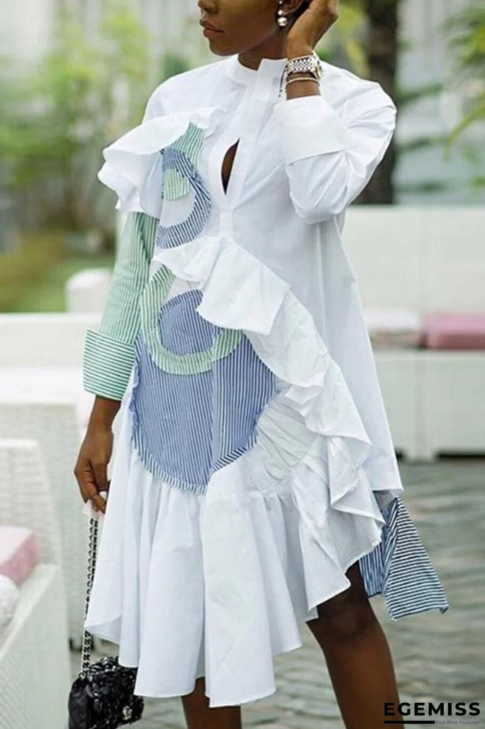 White Fashion Striped Stitching Ruffled Irregular Dress | EGEMISS
