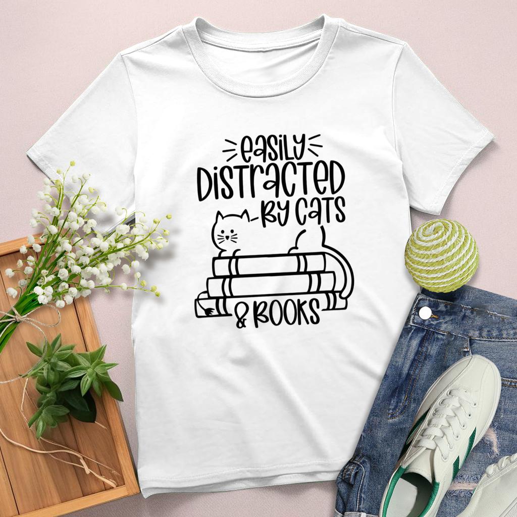 Easily Distracted By Cats And Books Round Neck T-shirt-0025184-Guru-buzz