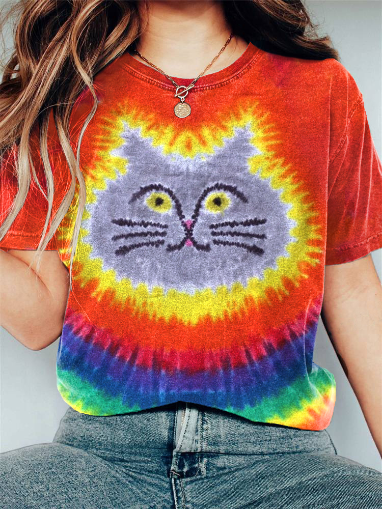 Tie-Dye Art Cat Pattern Short Sleeve T-Shirt artswardrobe