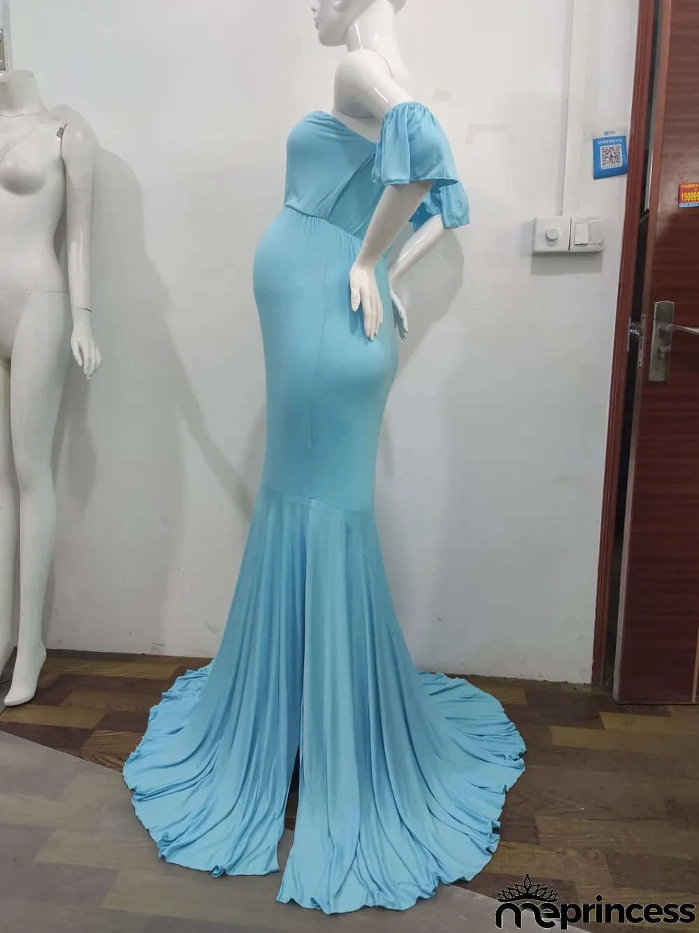 Maternity Ruffle Sleeve Cross V-Neck Trailing Dress