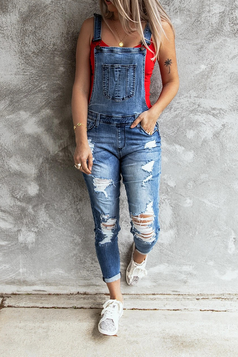 Casual Solid Ripped Square Collar Sleeveless Harlan Denim Jumpsuits