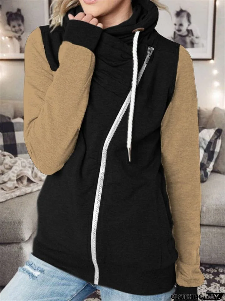 Vogue Personality Contrast Color Zipper Female Hoodies
