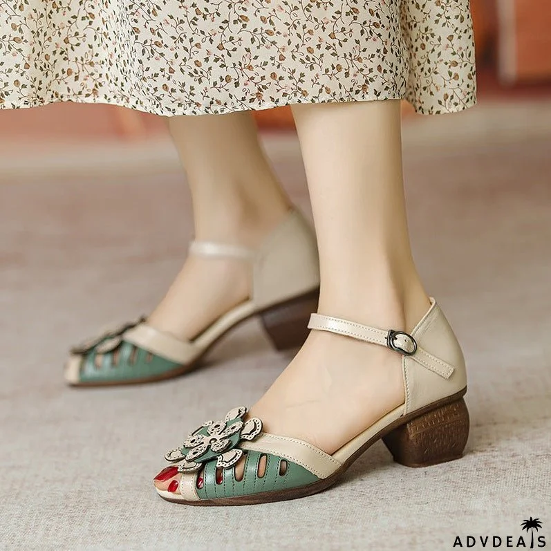 Summer Retro Color Matching Leather Wedge Sandals