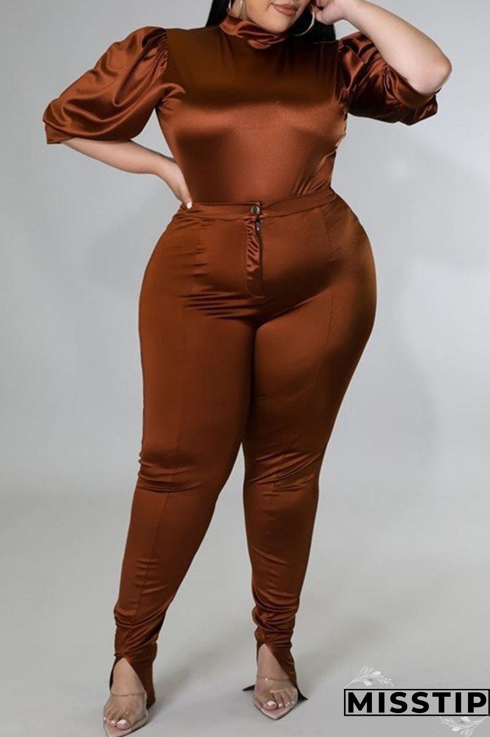 Coffee Casual Solid Patchwork Half A Turtleneck Plus Size Two Pieces