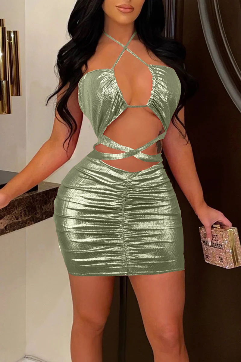Green Sexy Solid Hollowed Out Split Joint Frenulum Backless Fold Halter Pencil Skirt Dresses
