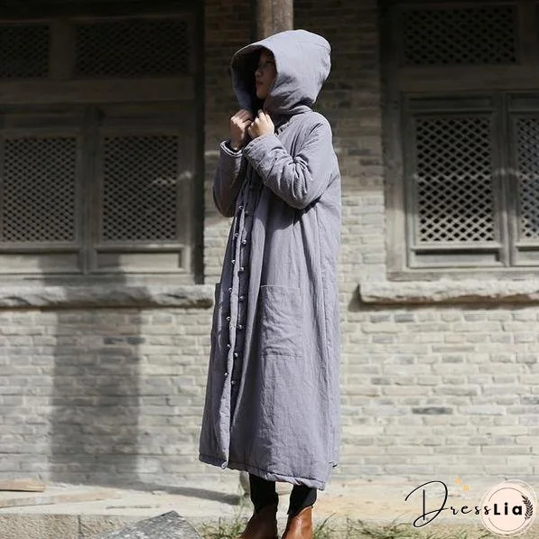 Women Hooded Parkas Pockets Button Vintage CoatLoose Thick Warm Women Clothes Parkas