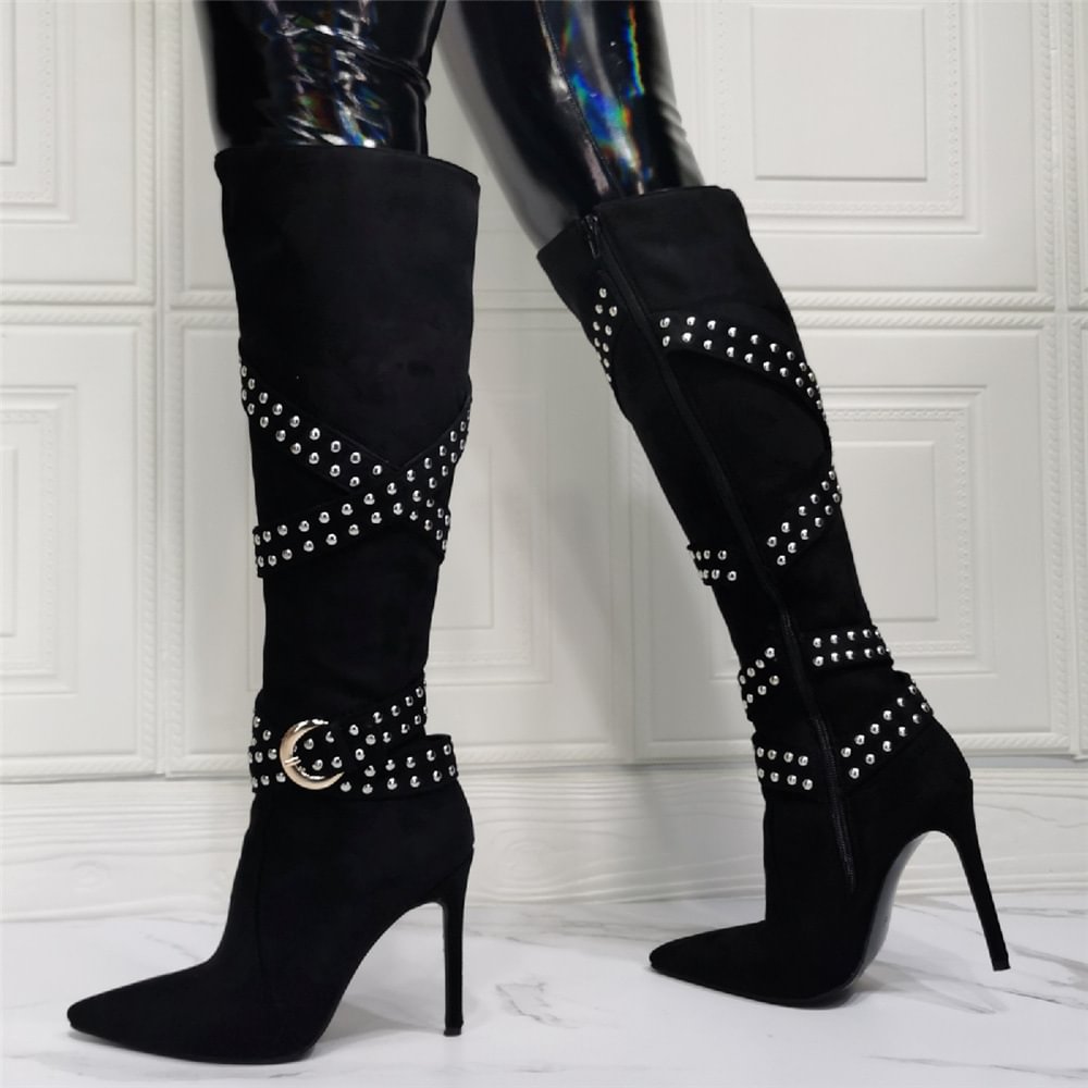 Women's Black Pointed Toe stiletto Heel Rivet Belt High Heel Knee High Boots  Novameme