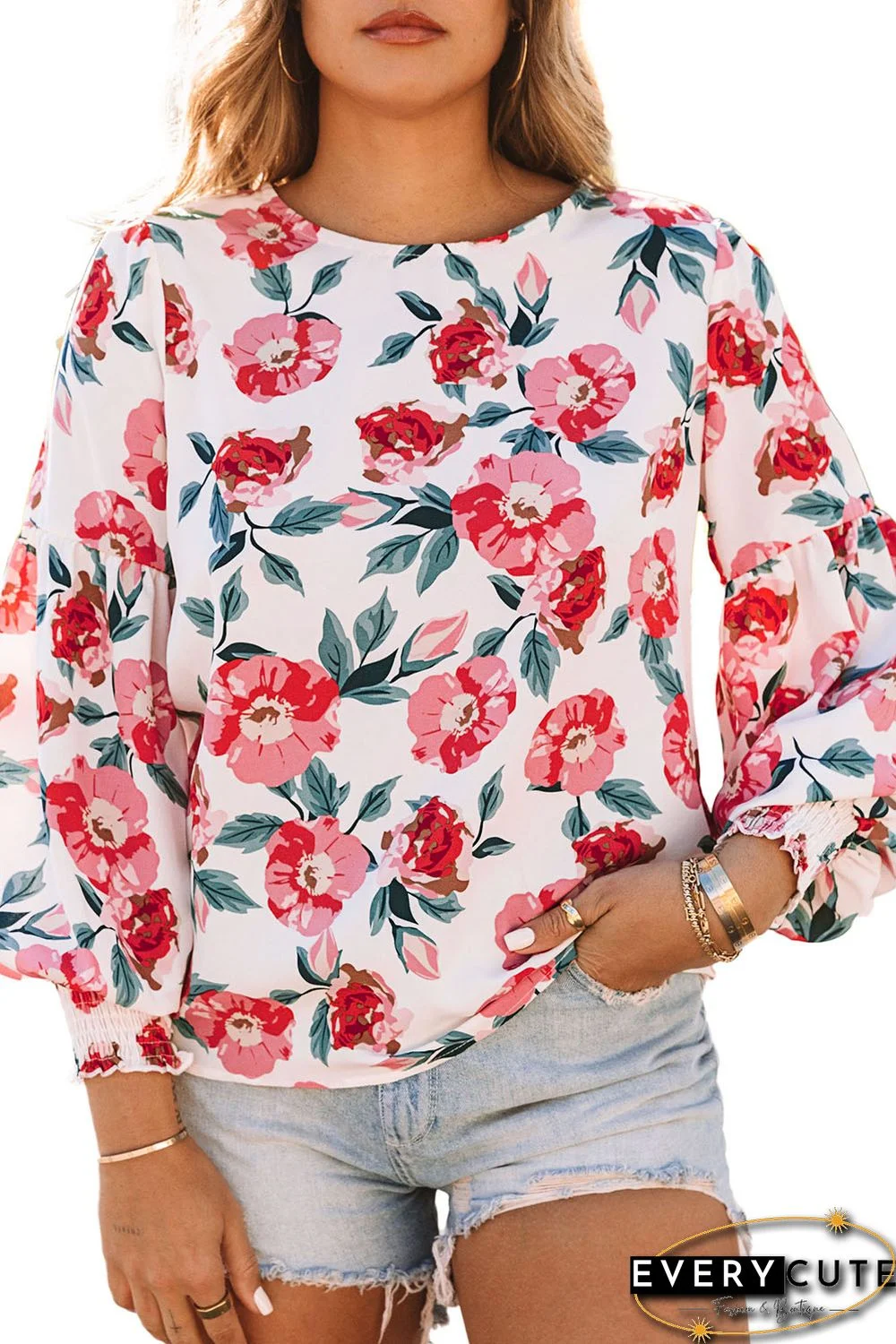 White Splicing Puff Sleeve Floral Blouse