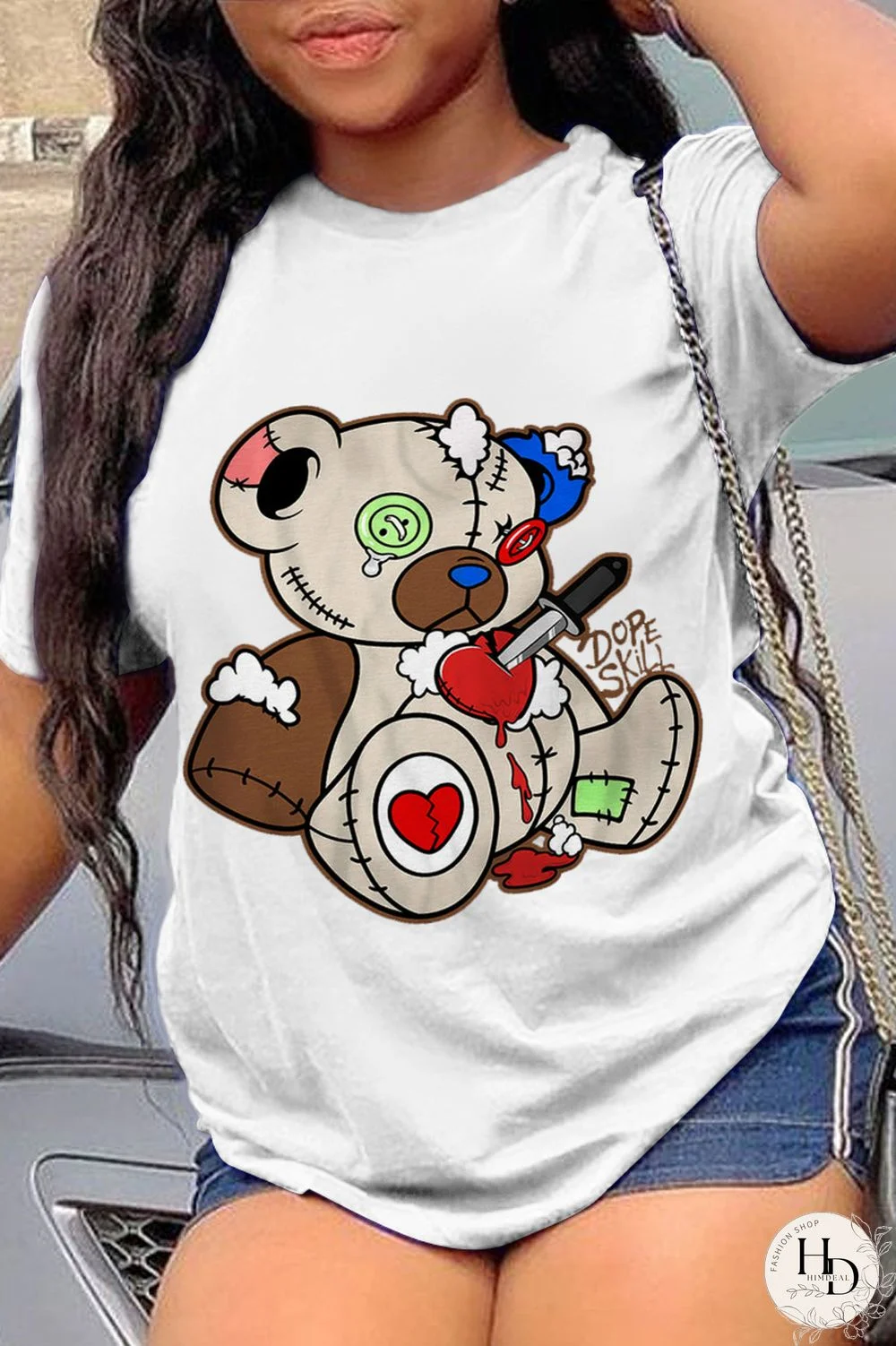 White Street Cute Print Patchwork O Neck T-Shirts