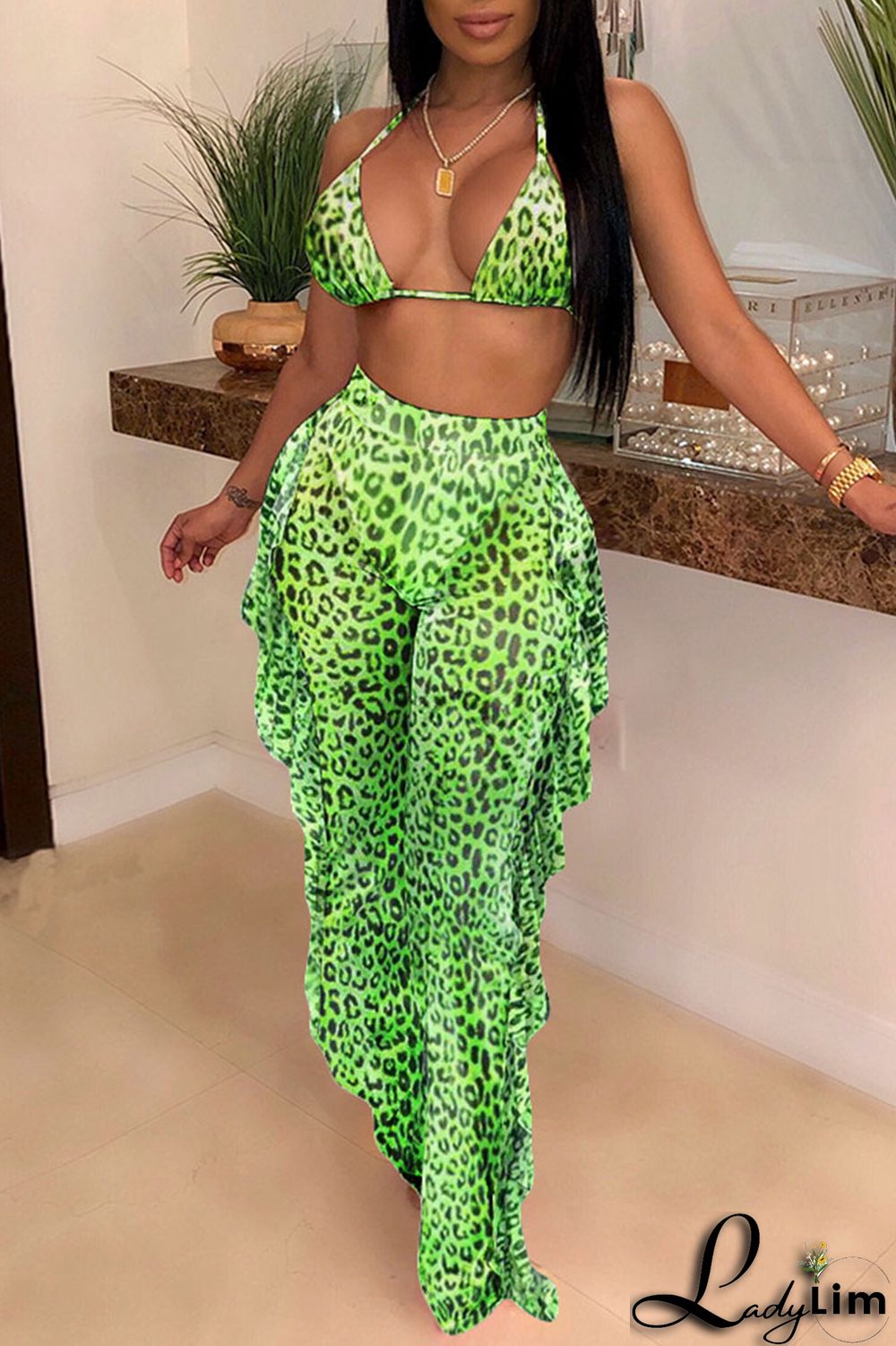 Pink Sexy Print Split Joint Flounce Halter Sleeveless Two Pieces