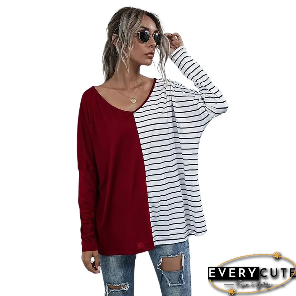 Red Stripe Contrast Long Sleeve Tops