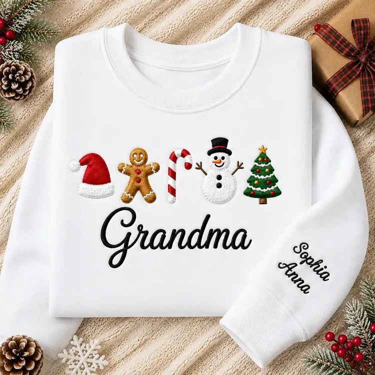 Personalized Grandma Christmas Sweatshirt, Custom Embroidered Grandma Shirt with Holiday Sleeve Names, Cozy Xmas Gift for Grandma, Nana, Gigi