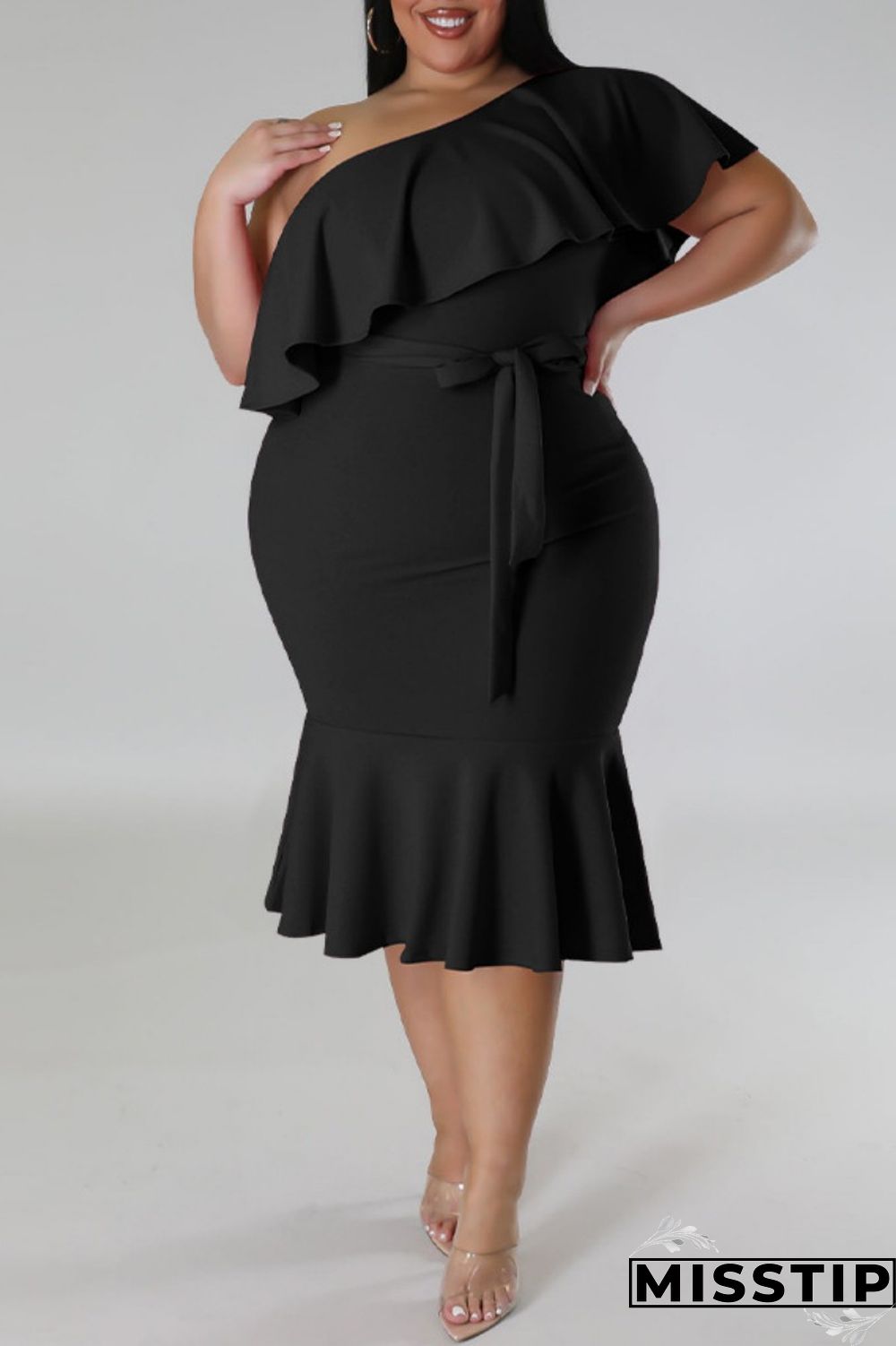 Green Casual Solid Patchwork Backless Oblique Collar Plus Size Dresses