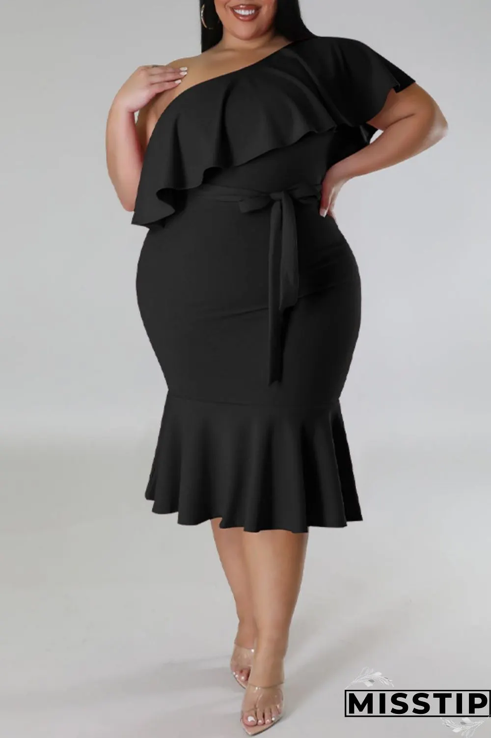 Green Casual Solid Patchwork Backless Oblique Collar Plus Size Dresses
