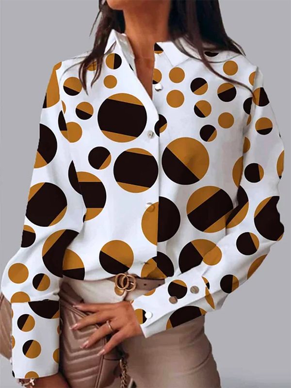 Long Sleeves Loose Buttoned Contrast Color Polka-Dot Lapel Blouses&Shirts Tops