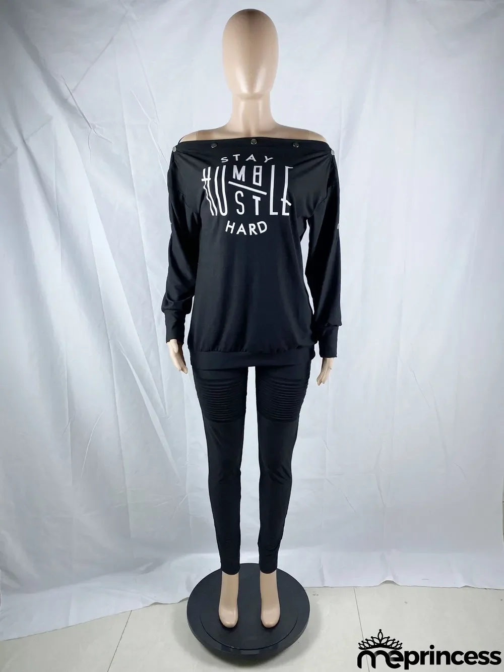 Plus Size Letter Slash Neck Long Sleeve 2 Piece Sets